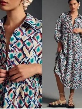 Anthropologie The Bettina Tiered Midi Maxi Shirt Dress Beige Multi Combo Large